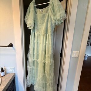 Polagram Green Smocked Puff Sleeve Maxi Dress